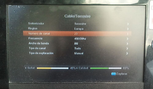 Señal de 45% y calidad de 60% del múltiplex 23 de UHF a 24 de Septiembre de 2014