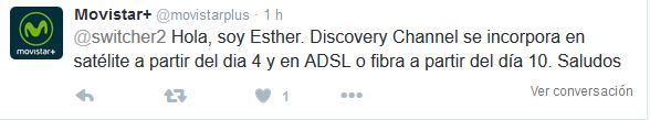 El tuit respondía a una pregunta de un usuario que decía: "para cuando discovery channel?" (sic), y se publicó a las 14:18 del 1 de febrero.